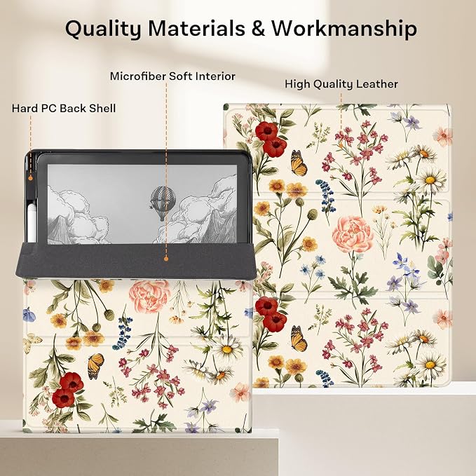 CoBak Case for 11" Kindle Scribe 3rd Generation 2025, Kindle Scribe Colorsoft with Two Viewing Angles - All New PU Leather Cover with Auto Sleep Wake, Pen Holder. AntiqueFloralia