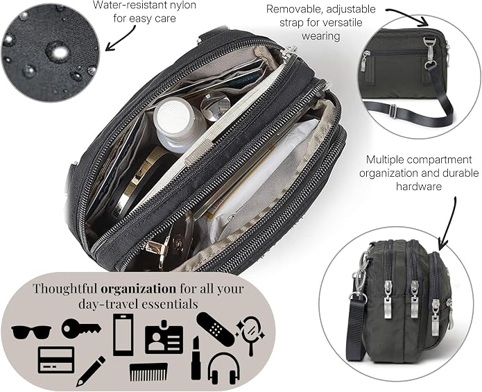 Baggallini Triple Zip Small Crossbody Bag for Women - Lightweight Convertible Fanny Pack Belt Bag