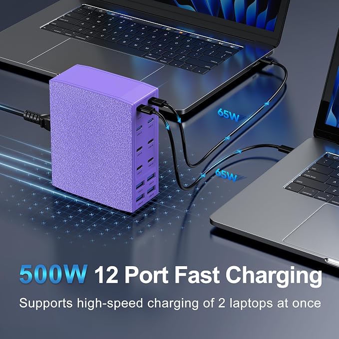 500W USB C Charger Block, 12-Port USB C Charging Station for Multiple Devices, Leather Texture Dual PD 65W Laptop Fast Charger Compatible with MacBook Pro/Air, iPad, iPhone,Galaxy and More,Purple
