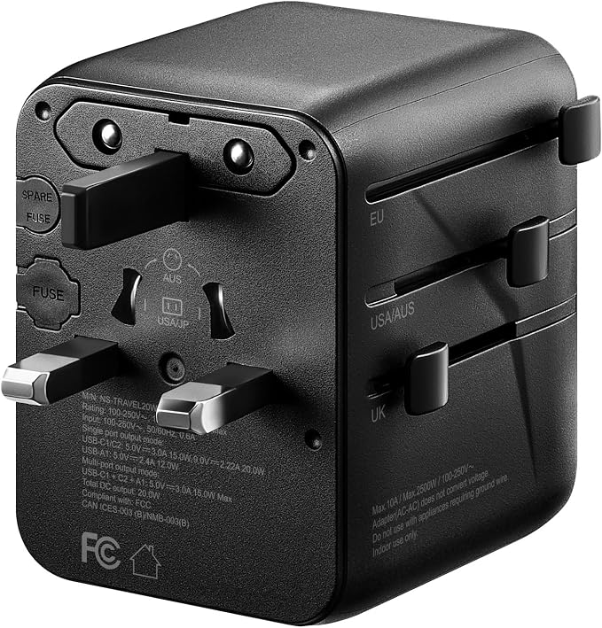 Insignia All-in-One Ground Travel Adapter Converter Series with USB Ports (20W All-in-1 Travel Adapter)