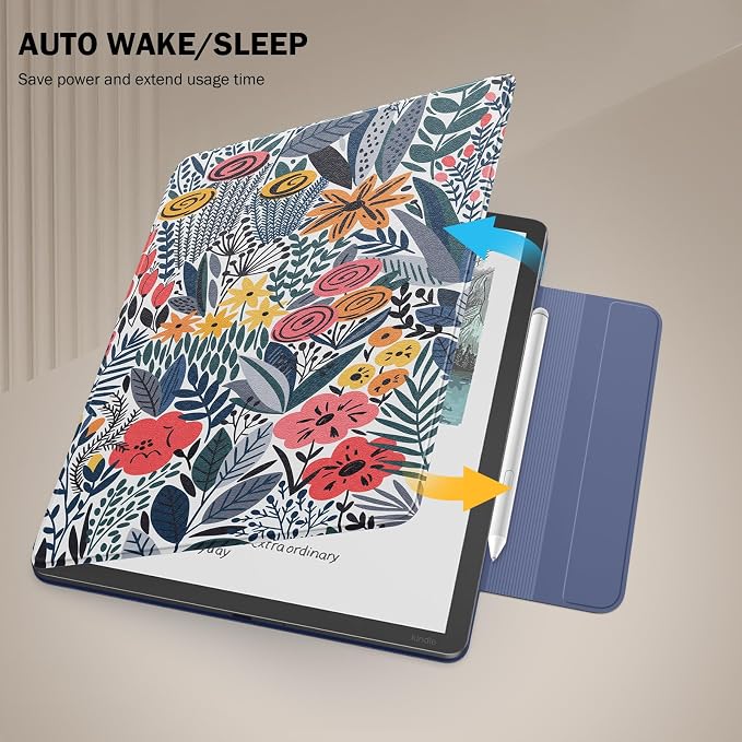MoKo Magnetic Case for All-New 11" Kindle Scribe 2025(3rd Generation) & Kindle Scribe Colorsoft 2025(1st Gen) - Slim Folio Premium PU Leather Cover with Pen Clasp & Auto Sleep Wake, Blue Leaf Flower