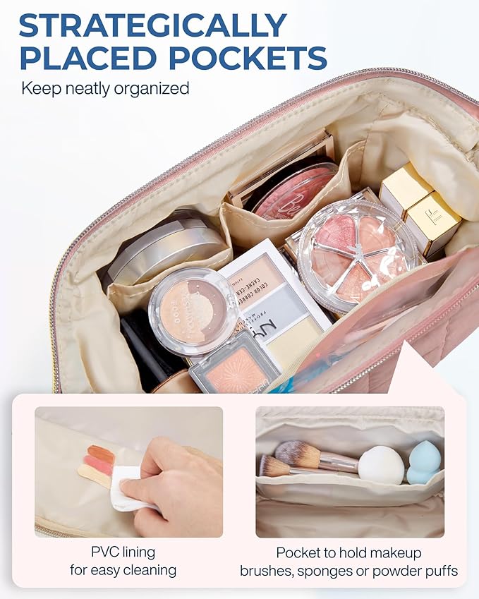 BAGSMART Makeup Bag Travel Toiletry Bag, Puffy Padded Make Up Bags for Women Makeup Organizer Case, Wide-open Pouch Purse Travel Essentials Toiletries Accessories Brushes, Dark Pink