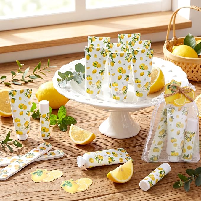 Leelosp 24 Sets Lemon Hand Cream and Lip Balm Bridal Baby Shower Party Favors Bulk Summer Lemon Travel Size Hand Lotion Lip Balm Nail File Gifts Set Bridal Shower Wedding Party Supplies for Guests