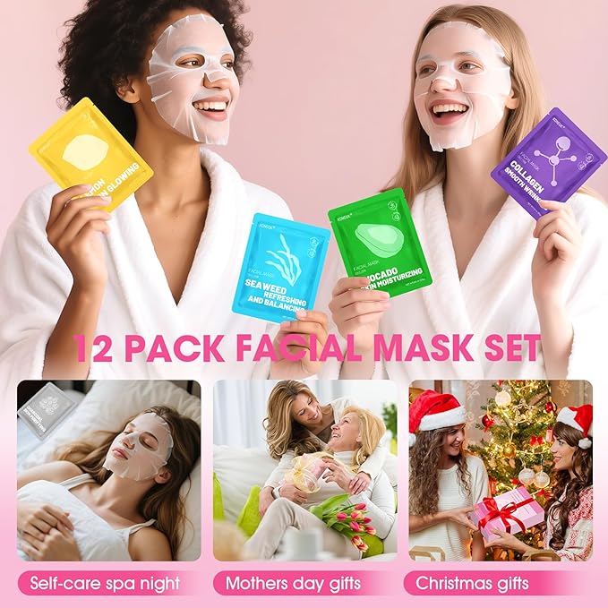 KONEUK 12 Pack Collagen Hydrating Face Masks Skincare, Sheet Face Mask for All Skin Types, Facial Masks Set for Women Skin Care, Face Mask Bulk Spa Gifts for Women