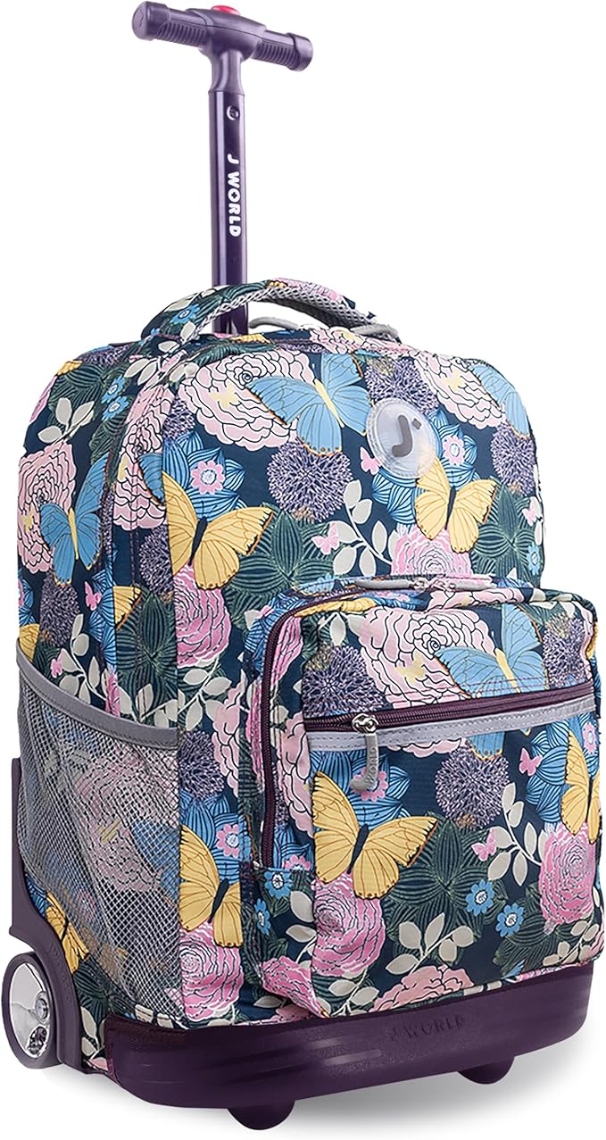 J World Sunrise Kids Rolling Backpack for Girls Boys. Roller Bookbag With Wheels For School, Secret Garden