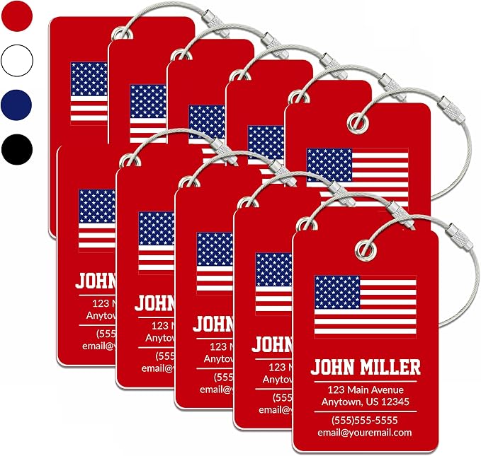 Personalized Luggage Tag with American Flag | 10 Pack | Custom Luggage Tags for Suitcases | Kids Backpack Tag | 4 Color Options & Choose Font, Font Color