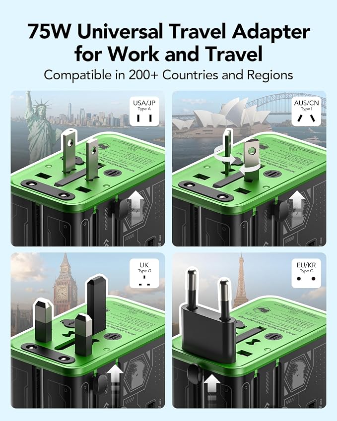 Mfish 75W Universal Travel Adapter with Retractable USB-C Cable, 3 USB-C & 1 USB-A, 1 AC Outlet, International Wall Charger for MacBook, iPhone, iPad, EU/UK/US/AUS, Type A/I/G/C, Black