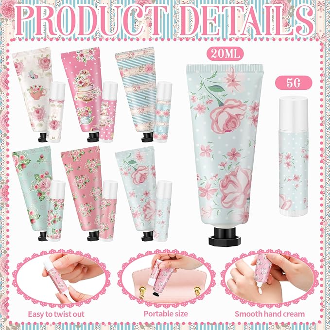 6 Sets Tea Party Favors Mini Hand Cream Lip Balm Bulk Gift Set for Women Wedding Party Favors for Guests Travel Size Hand Lotion Vintage Floral Moisturizing Lip Balm Gifts for Baby Shower