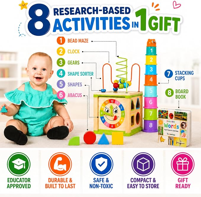 Wooden Activity Cube for 1 Year Old - 1 Year Old Boy Gifts - 1 Year Old Boy Toys - Educational Toys for 1 Year Old - Busy Cube with Bead Maze Toy - Baby Stacking Cups & Board Book - Blue Gift Box