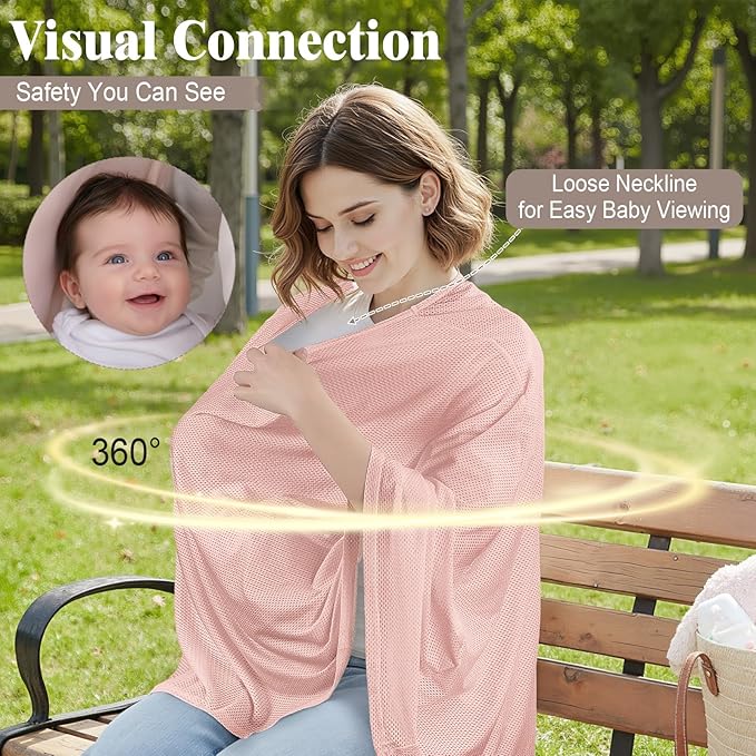 Basumee Nursing Cover for Breastfeeding Breathable Mesh 360 Full Privacy Nursing Wrap Multi-Use Breast Feeding Covers for Women Moms Feeding Essentials, Soft Pink, 1 Pack