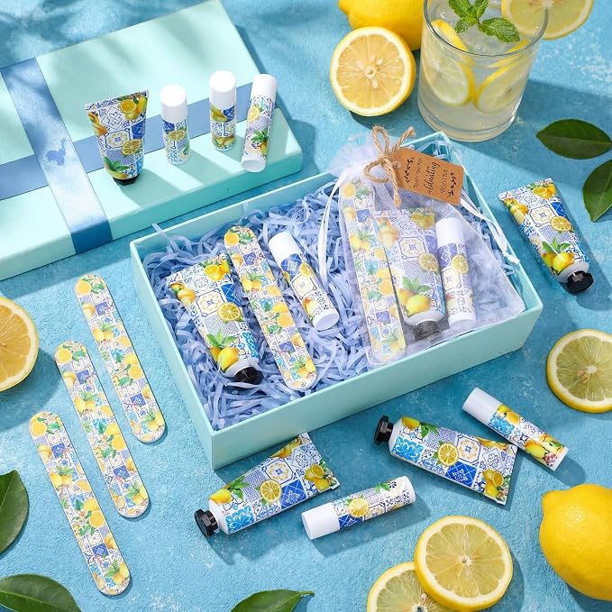 Leelosp 24 Sets Capri Lemon Hand Cream and Lip Balm Nail File Gift Bulk Summer Lemon Party Favors Wedding Favor for Guest Travel Size Hand Lotion Lip Balm Gifts Set Bridal Baby Shower Birthday