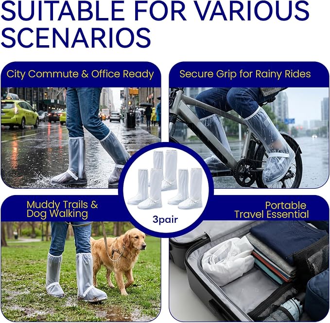 3Pair Reusable Waterproof Shoe Covers for Rain, Reflector Non-Slip Galoshes Overshoes for Women and Men, Durable Shoe Covers Waterproof for Mud, Cycling and Outdoor Travel (White, X-Large)