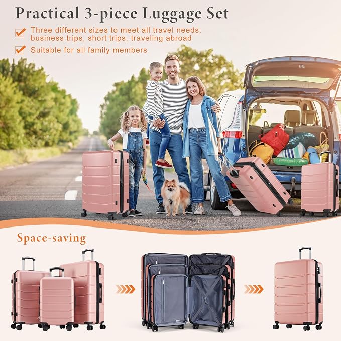 Sweetcrispy 3 Piece Luggage Set, Hard Shell ABS Travel Suitcase with Silent Spinner Wheels, TSA Combination Lock, Lightweight Rolling Suitcases for Business Trip Vacation, Pink, 20/24/28 Inch