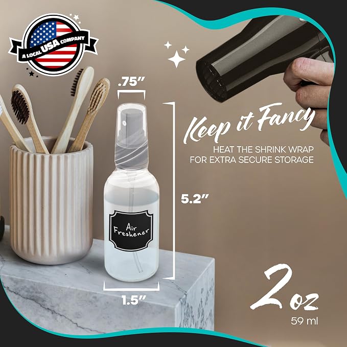 Nevlers Clear Glass Small Spray Bottle 2 Oz 24 Pack Spritzer Bottles | Small Travel Spray Bottle Set w/ Shrink Wrap, Funnel, Brush, Marker & Labels | Face & Body Small Atomizer Fine Mist Sprayer