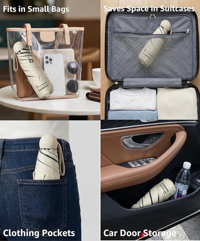 BAODINI Travel Essentials Mini Umbrella for Purse With Case Small Compact UV Sun Protection Lightweight Tiny Pocket Manual Open Close Umbrella for Women Kids and Men Fits Purse Backpack