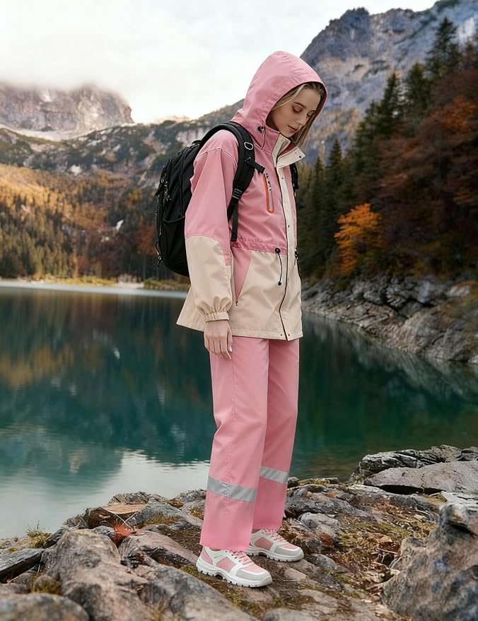 Rain Suit for Women Waterproof Hooded Rain Gear Rain Jacket and Pants 2 Piece Breathable Rain Coat Outdoor