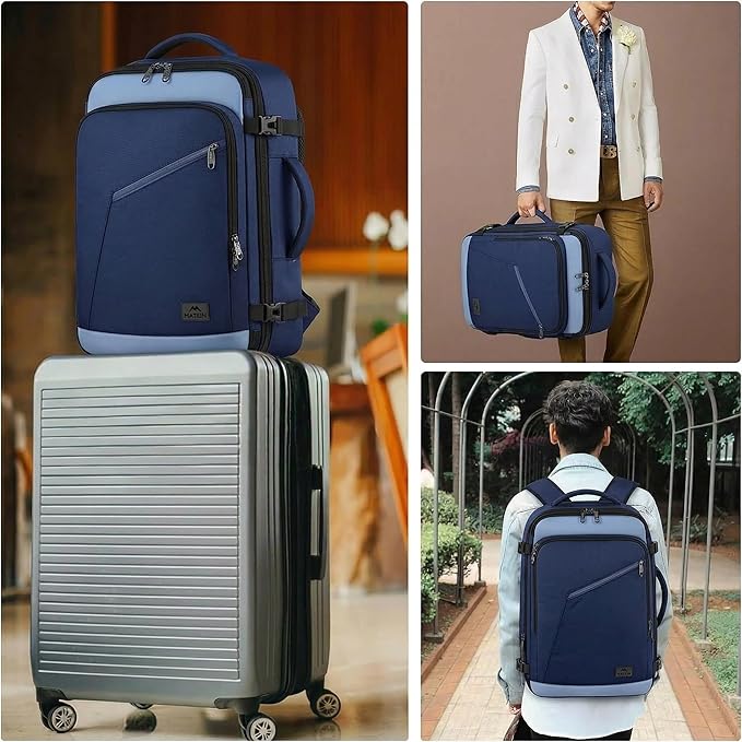MATEIN Expandable Travel Backpack for Airplanes, Large Capacity Carryon Backpack for Men Women, Water Resistant Airline Approved Bags with Adjustable Shoulder Straps for International Trip, Grey Blue