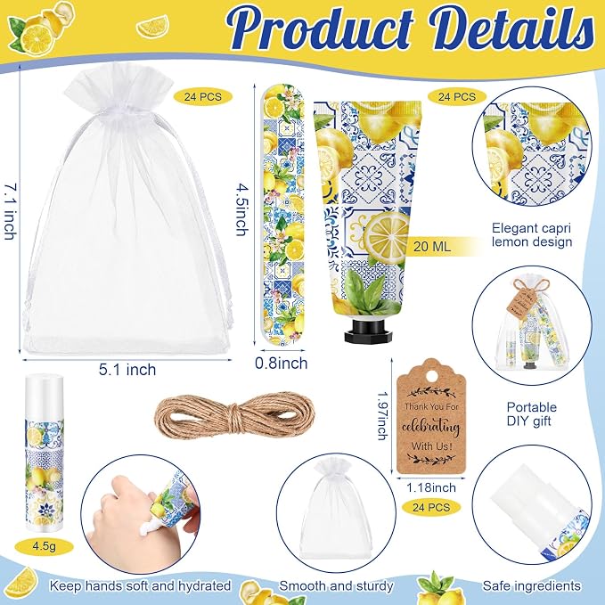 Leelosp 24 Sets Capri Lemon Hand Cream and Lip Balm Nail File Gift Bulk Summer Lemon Party Favors Wedding Favor for Guest Travel Size Hand Lotion Lip Balm Gifts Set Bridal Baby Shower Birthday