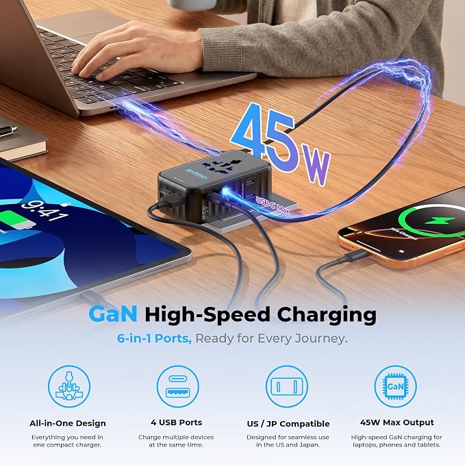 Aura 45W Ultra-Thin Universal Travel Adapter, 36mm Slim 6-in-1 (2C + 2A + 2AC) International Power Plug for Home & Trip, PD Fast Power Converter, Works in 200+ Countries (Midnight Black)