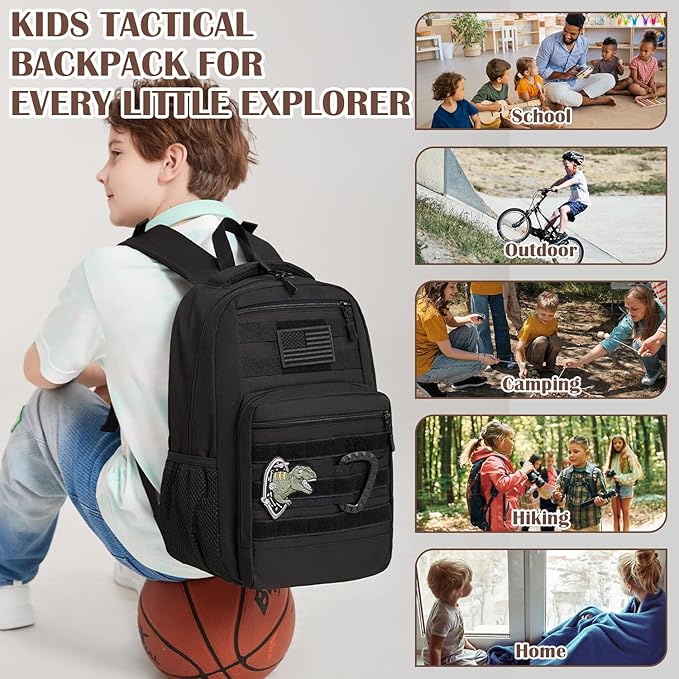 Kids Tactical Backpack Army Molle Bookbag Military Boys Backpack for School, Outdoor, Camping, Black