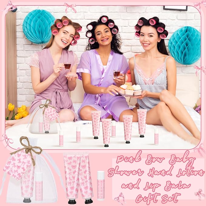 48 Sets Pink Bow Baby Shower Favors Bulk Coquette Baby Shower Gifts for Guests Include 48 Hand Cream and 48 Lip Balm Pink Bow Gender Reveal Decorations for Guests Friends