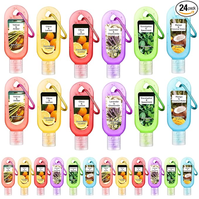 24 Pack Appreciation Hand Sanitizer Gel with Keychain Bulk 1 oz Scented Mini Travel Size Hand Sanitizer Keychain Gift for Teacher Nurse Employee Women Staff Graduation Party Supplies