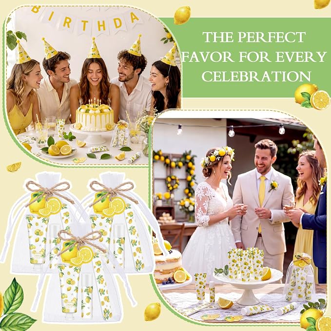 Leelosp 24 Sets Lemon Hand Cream and Lip Balm Bridal Baby Shower Party Favors Bulk Summer Lemon Travel Size Hand Lotion Lip Balm Nail File Gifts Set Bridal Shower Wedding Party Supplies for Guests