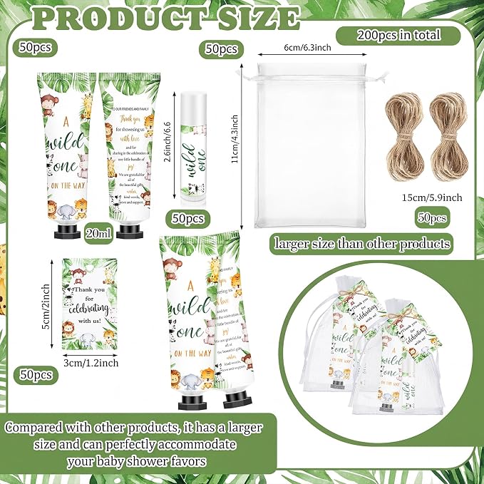 50 Sets 200 Pcs Safari Animal Baby Shower Hand Lotion and Lip Balm Gift Theme Baby Shower Party Favors Travel Size Hand Lotion and Lip Balm Bulk with Organza Bags Tags