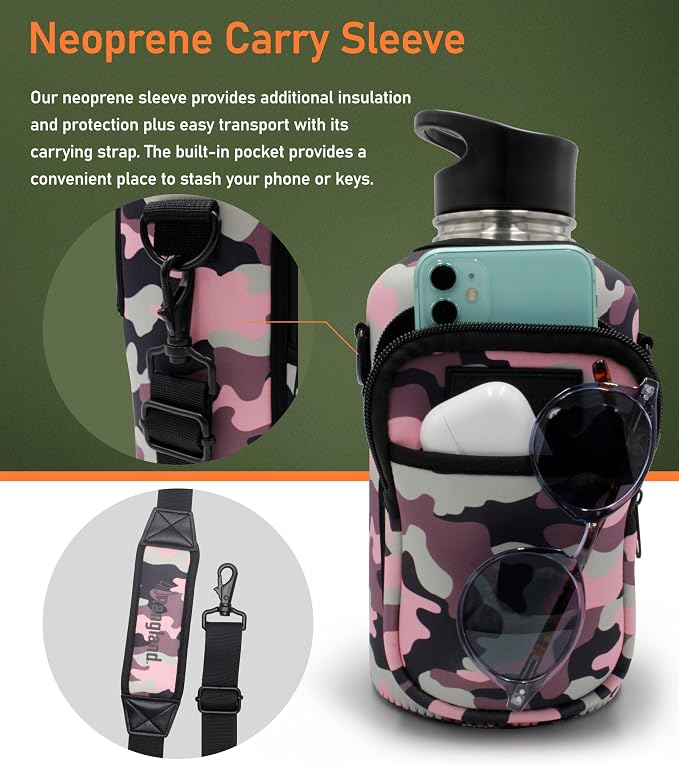Insulated 64 Ounce Filtered Water Bottle for Women with Crossbody Carrier Bag - Sport Straw Lid, Carbon Filter, Neoprene Sleeve w/Carrying Shoulder Strap (Stainless Steel) Camo Pink