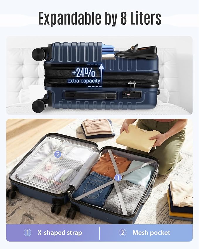 LIGHT FLIGHT Expandable Carry On Luggage 22x14x9 Airline Approved with Double Spinner Wheels, 20 Inch Lightweight Hard Shell Rolling Suitcases with TSA Lock, Dark Blue