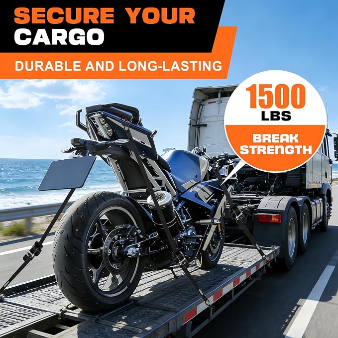 Heavy Duty Retractable Ratchet Straps 4 Pack 1 Inch x 12 Feet (1,500lb Break Strength) Auto Self Retracting Tie-Down Straps for Motorcycle, Truck, Cargo Trailer, ATV, UTV - Black
