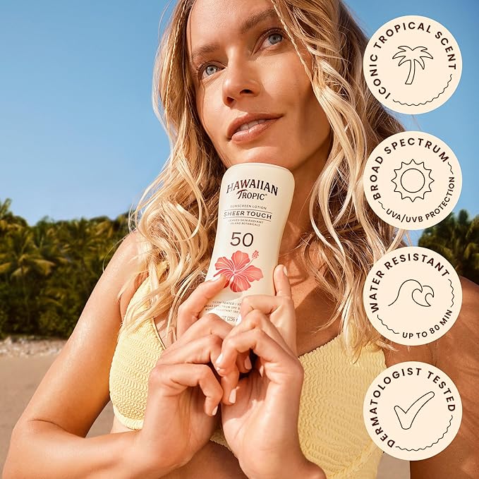Hawaiian Tropic Sheer Touch Ultra Radiance Lotion Sunscreen SPF 50, 8 Fl Oz Twin Pack, Hawaiian Tropic Sunscreen SPF 50, Sunblock, Oxybenzone Free Sunscreen, Body Sunscreen Pack, 8 Fl Oz each