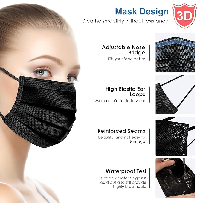 NNPCBT Black Individually Wrapped Masks 50pcs, Disposable Face Masks for Adults, 3 Ply Breathable Face Mask Black Indoor Outdoor