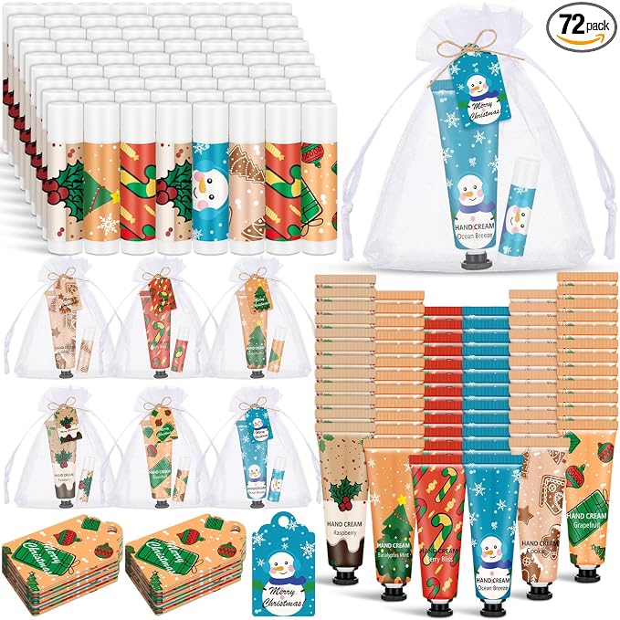 Loopeer 72 Sets/288 Pcs Christmas Hand Cream and Lip Balm Gift Set for Women Bulk Mini Hand Lotion Travel Size for Dry Skin Stocking Stuffers with Greeting Card Organza Bags for Coworker Employee