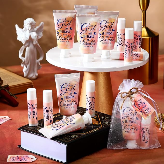 48 Sets Christian Graduation Gifts Hand Cream and Lip Balm Bulk Teacher Appreciation Gifts Travel Size for Her Bible Verse Thank You Cards with Organza Bag Tag for Graduation Supplies(Groovy)
