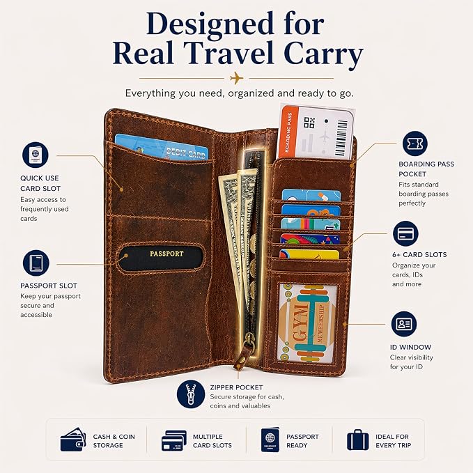 Tan Leather Long Passport Wallet - Travel Document Organizer with Card Slots ID Window Zipper Pocket Slim Passport Holder for Travel & Everyday Use, 5 x 9