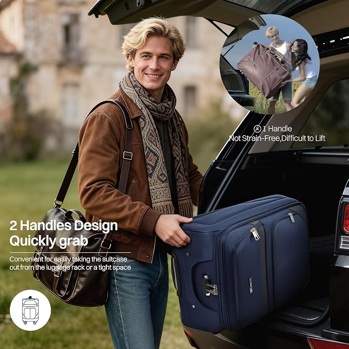 2-Piece Set Front Opening,Softside Luggage Sets w/Double Spinner Wheels Expandable Luggage,Lightweight Travel Luggage Rolling Suitcase w/LOCK（Navy-Grey,20in/28in）