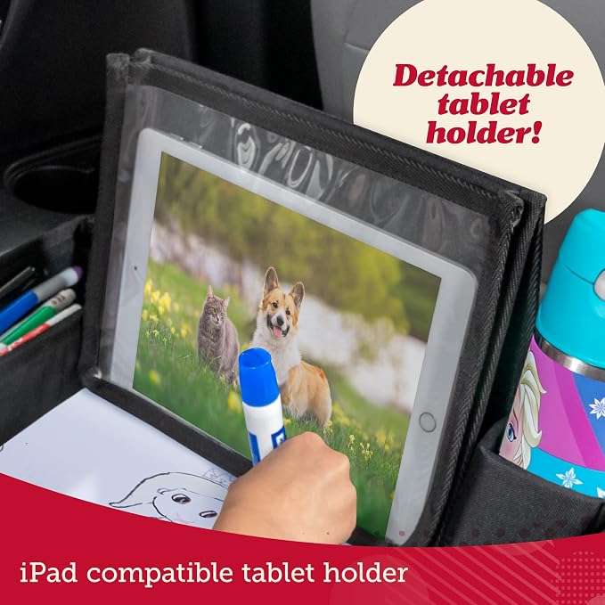 Lusso Gear Kids Lap Desk Tray (Value 2 Pack) - Mesh Pockets & Cup Holder for Car Travel Essentials - Car Seat Tray for Kids Travel & Tablet Holder - Dry-Erase Surface for Road Trip Activities - Black