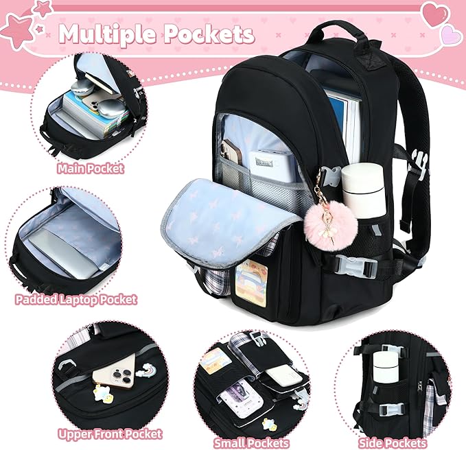 Backpack for Girls 15.6 Inch Laptop School Bag Kids Elementary College 3pcs Backpacks Lunch box Pencil Case Set Bookbags for Girls Teen Women Student Black