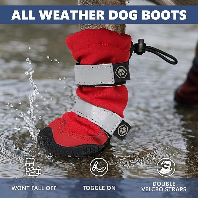 Spark Paws Dog Rainboots, Waterproof Dog Shoes for Medium to Large Dogs, Non Slip, Dog Booties and Paw Protectors - 4PCS Doggie Hiking Boots with Reflective Straps - Red, Size 5