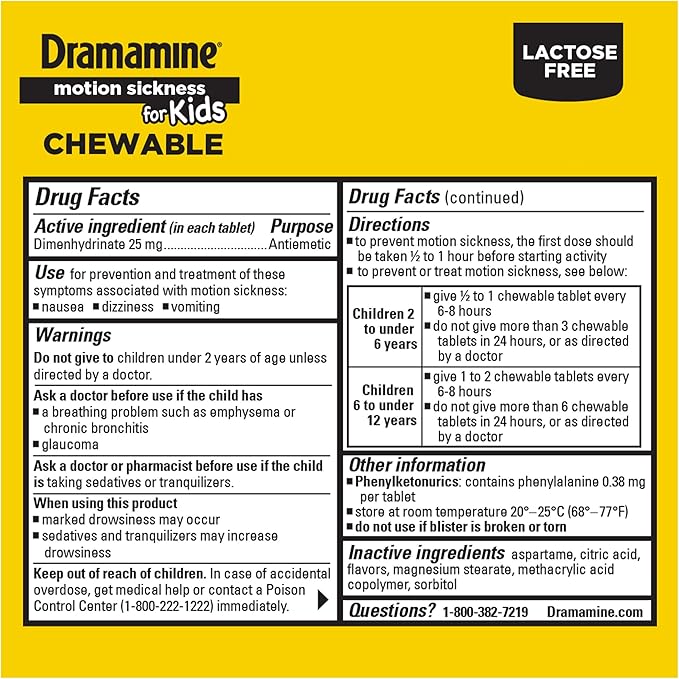 Dramamine Motion Sickness Relief for Kids - Chewable Grape Flavor, 8 Count (Pack of 2)