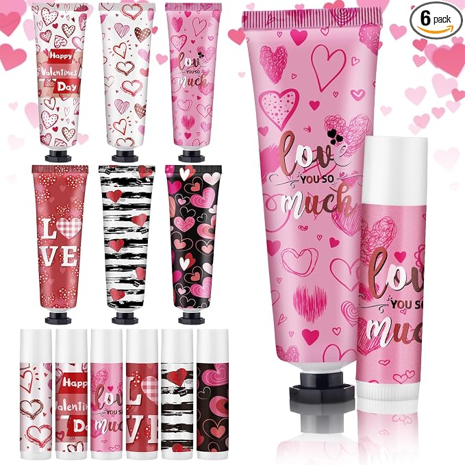 Loopeer 6 Sets Valentine's Day Hand Cream Lip Balm Bulk Gifts Galentine's Day Gift Valentine Party Favor Love Heart Mini Travel Size Moisturizing Hand Lotion for Women Coworker Teacher Nurse, 30 ml