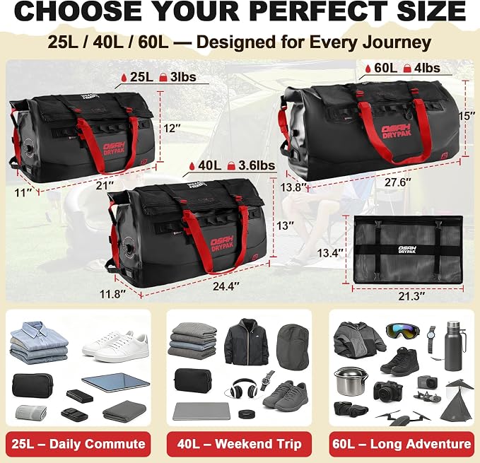 OSAH DRYPAK Waterproof Duffel Bag 25L/40L/60L – Heavy-Duty Motorcycle Tail Bag, Roll-Top Dry Bag for Travel, Camping, Boating, Kayaking, Outdoor Adventure