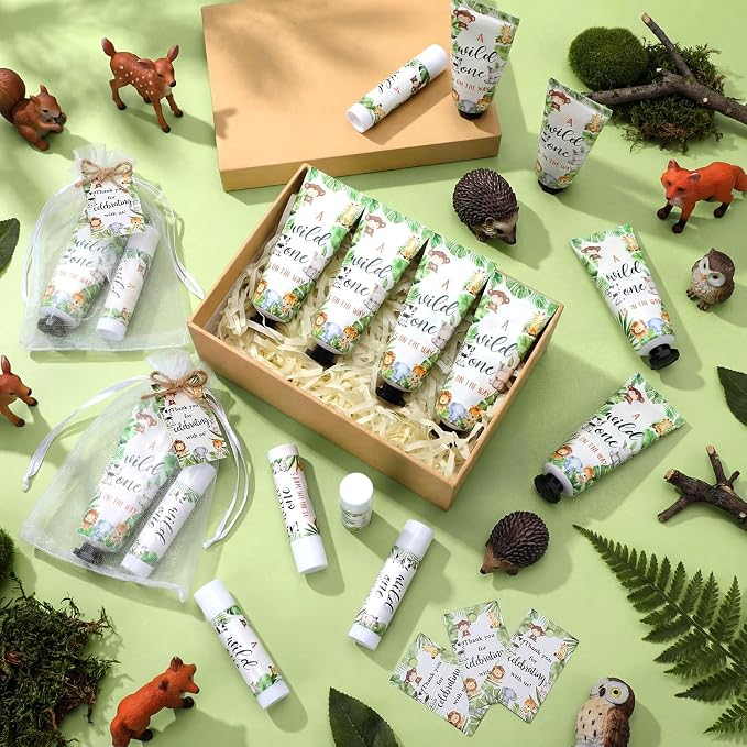 50 Sets 200 Pcs Safari Animal Baby Shower Hand Lotion and Lip Balm Gift Theme Baby Shower Party Favors Travel Size Hand Lotion and Lip Balm Bulk with Organza Bags Tags