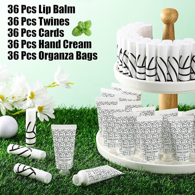 144 Pcs Lip Balm Hand Cream Set Party Favors, Include 36 Lip Balm 36 Moisturizing Hand Cream 36 Bags 36 Cards and Ropes for Accessories Gifts(Black and White,Volleyball)