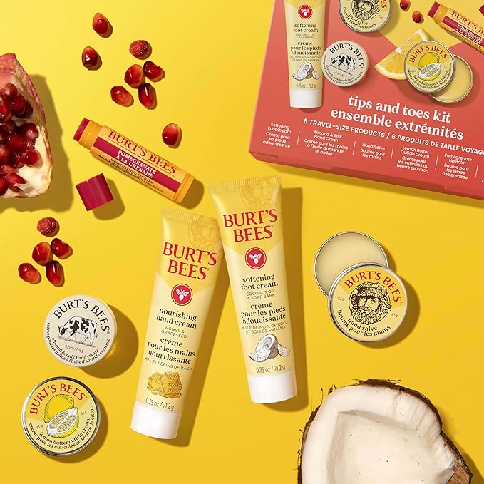 Burt's Bees Mothers Day Gifts Ideas, Tips and Toes Kit, 6 Travel Size Products - Pomegranate Moisturizing Lip Balm, 2 Hand Creams, Foot Cream, Cuticle Cream, and Hand Salve