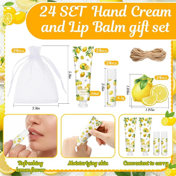 24 Sets Lemon Hand Cream and Lip Balm Gift Bridal Baby Shower Party Favors Travel Size Hand Lotion and Lip Balm Bulk with Organza Bags Tags Wedding Bridal Baby Shower Party Supplies for Guests
