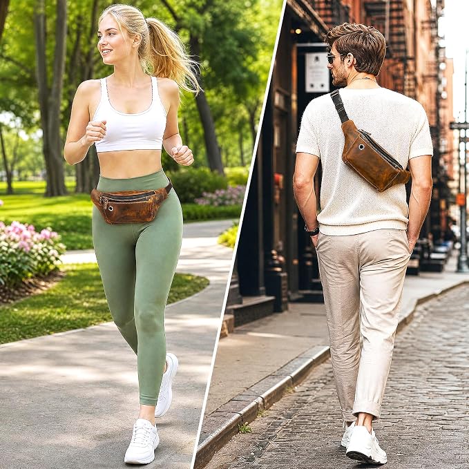 Water Resistant Canvas + Leather Hiking Riding Travel Fanny Waist Pack Small Phone Pouch For Men Women FB811-29 (W-8138-Brown)