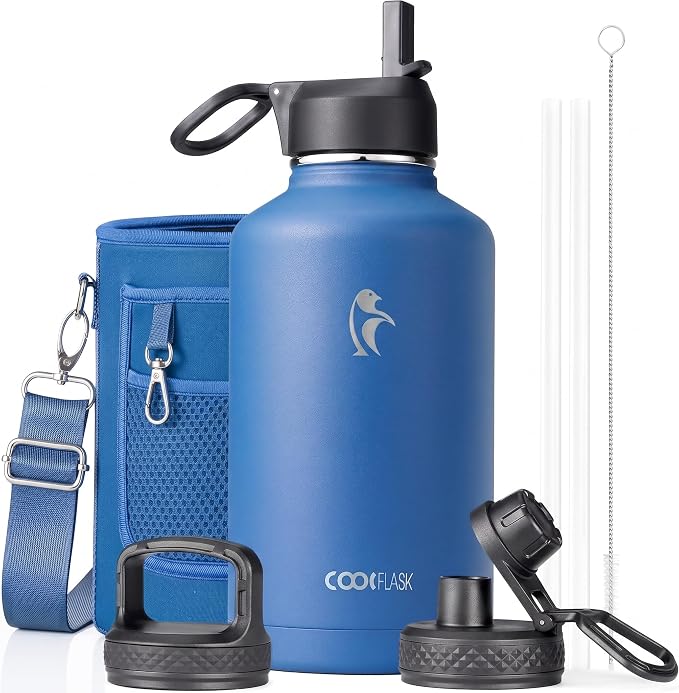 Water Bottle Insulated 64 oz with Straw & 3 Lids, Coolflask Half Gallon Water Jug Large Metal Stainless Steel Wide Mouth for Sports, Gym or Office, Non-BPA Keep Cold 48H Hot 24H, King's Blue