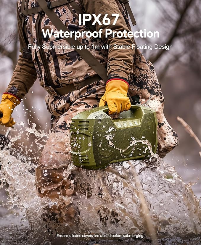 IPX7 Waterproof Outdoor Bluetooth Speaker, Wireless, 90W(Peak), 32H Playtime, Floating Design, Deep Bass & Loud Stereo Sound, Portable with Handle, Rugged for Pool, Beach, Kayaking, Hiking, ThymeGreen